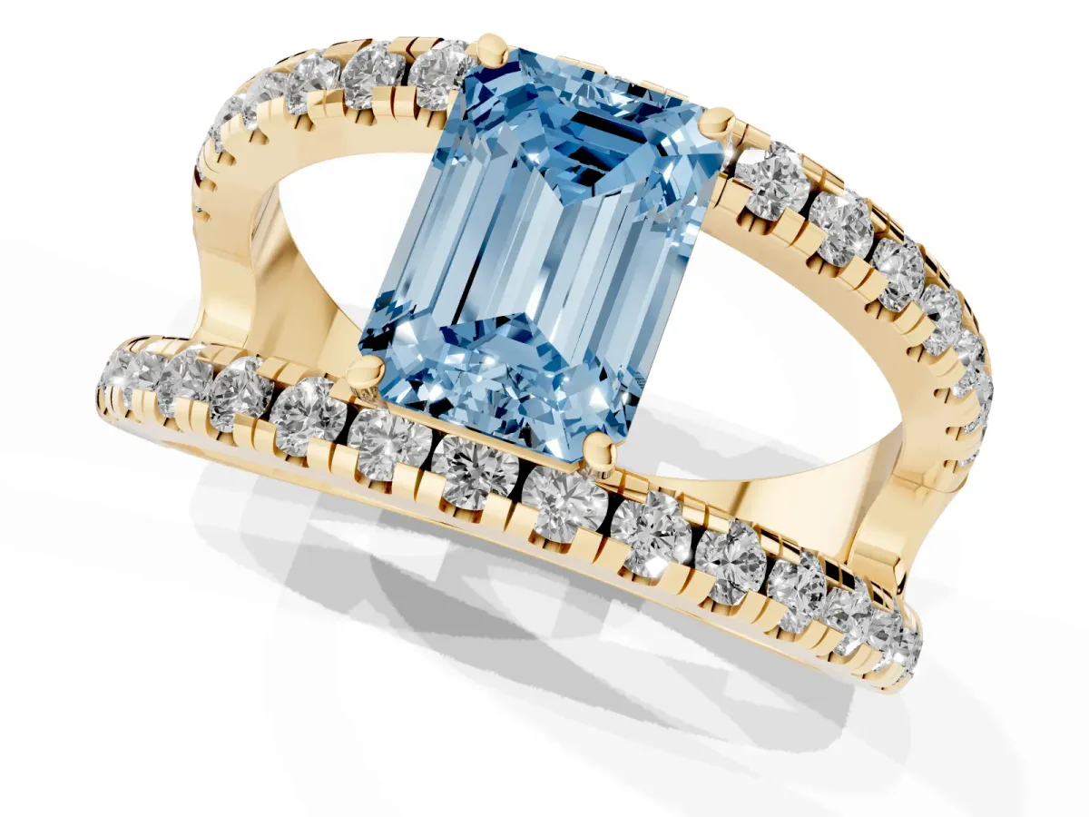 Fancy Blue Emerald Cut Solitaire Split Shank Pave Diamond Ring Yellow gold