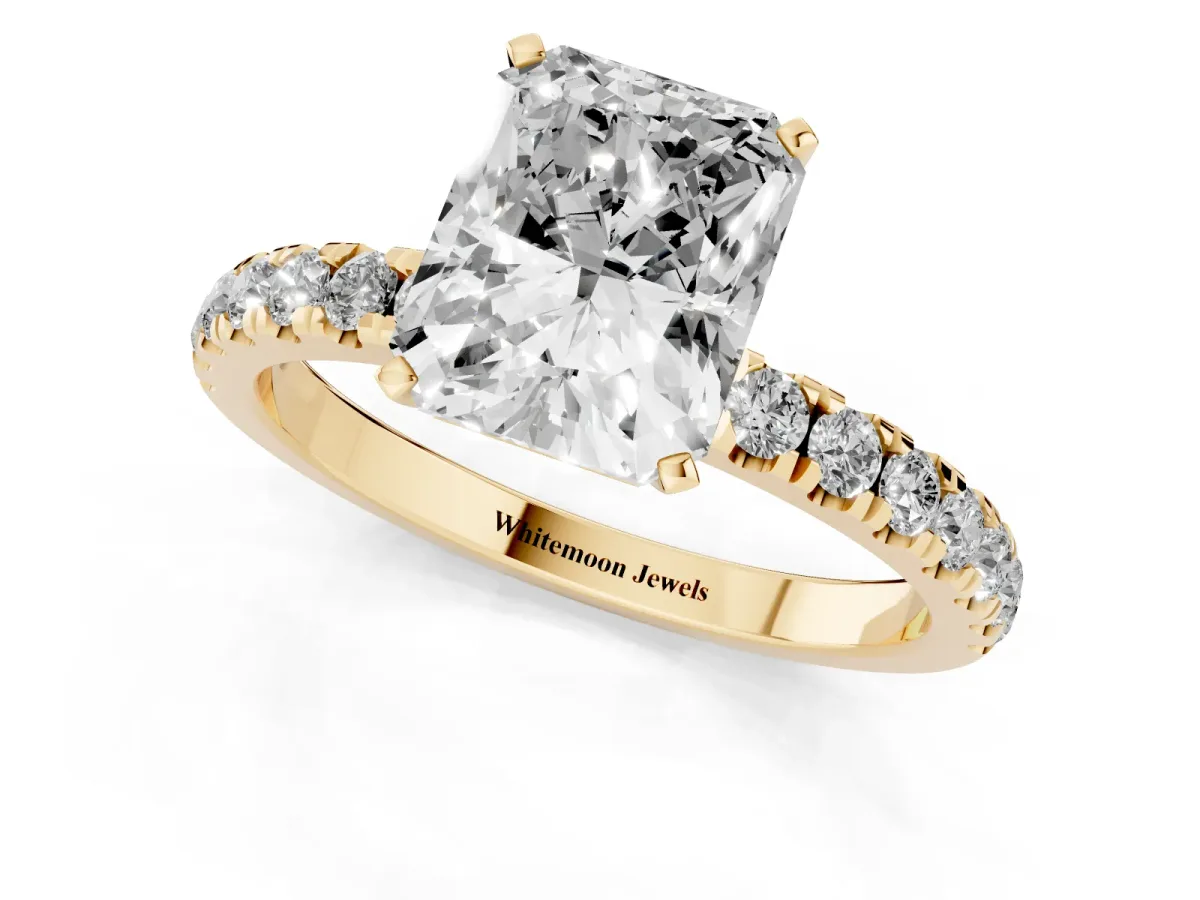 Radiant Cut Diamond Solitaire Ring with Pavé Accents and Four-Prong Setting Yellow gold