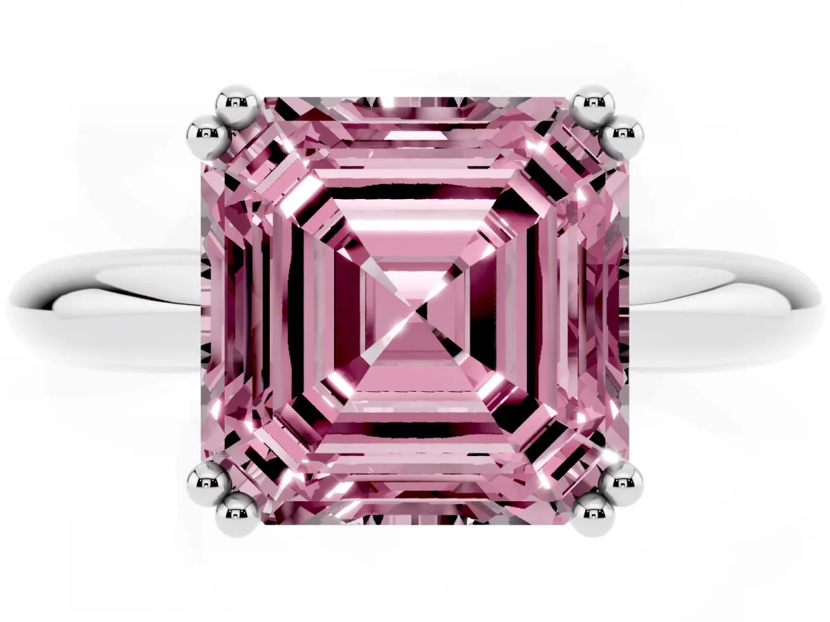 Fancy Pink Asscher Cut Cut Solitaire Engagement Ring with Tapered Band and Four-Prong Setting Platinum
