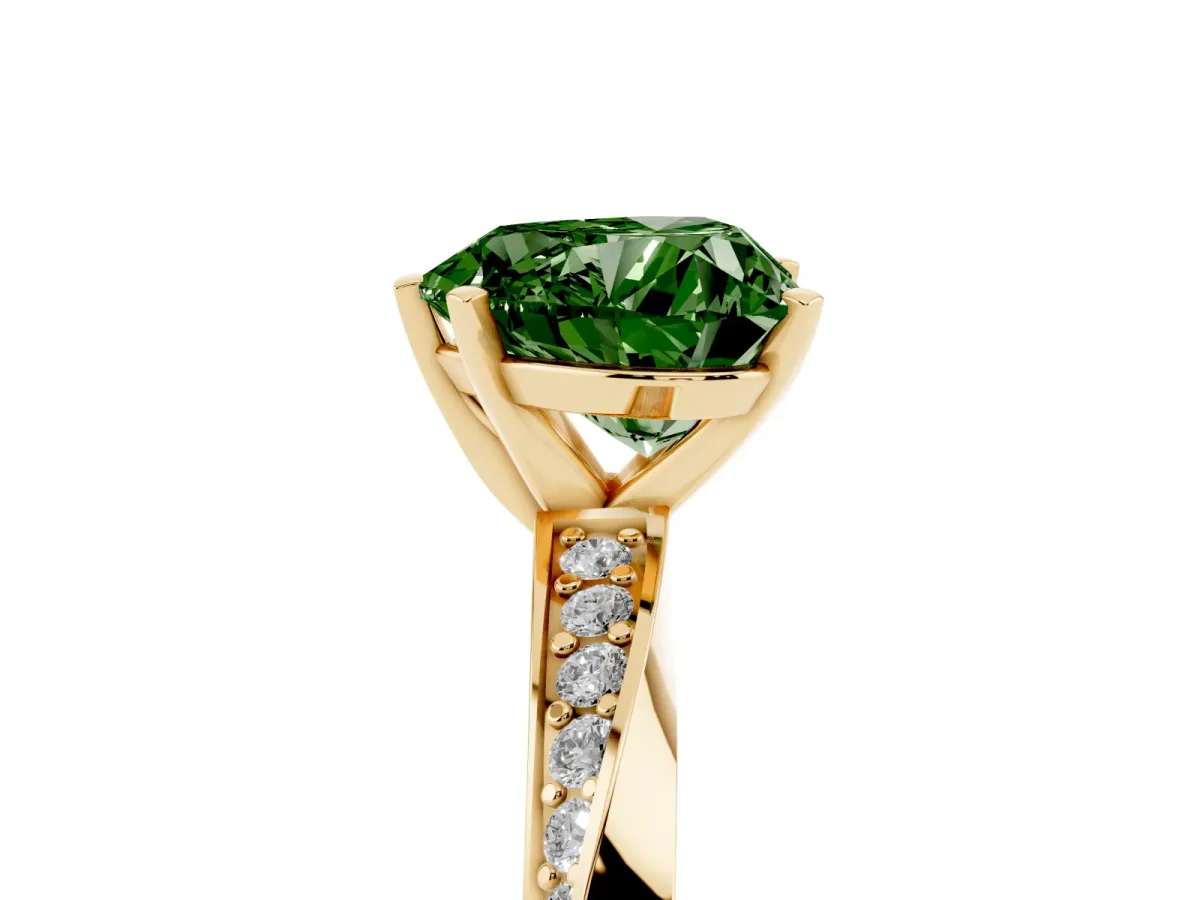 Fancy Green Heart Cut Diamond Engagement Ring with Side Stone Accents and Four-Prong Setting Yellow gold