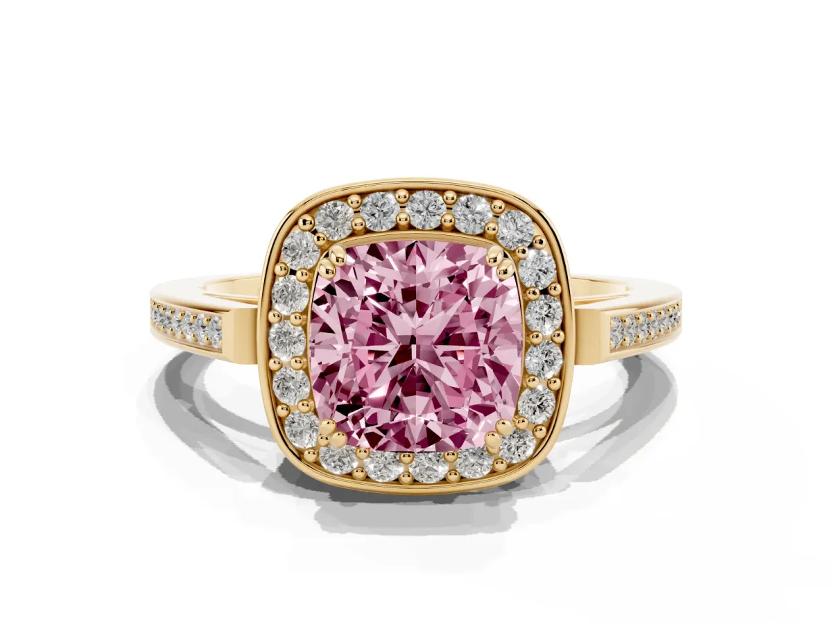 Fancy Pink Cushion Cut Diamond Halo Ring with Split Shank and Four-Prong Setting Yellow gold