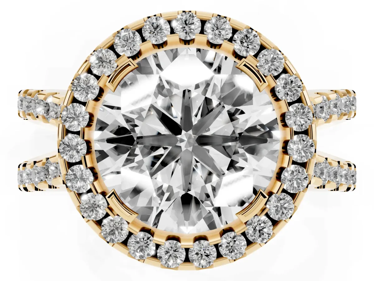 Round Cut Diamond Halo Ring with Split Shank Pavé Band and Prong Setting Yellow gold