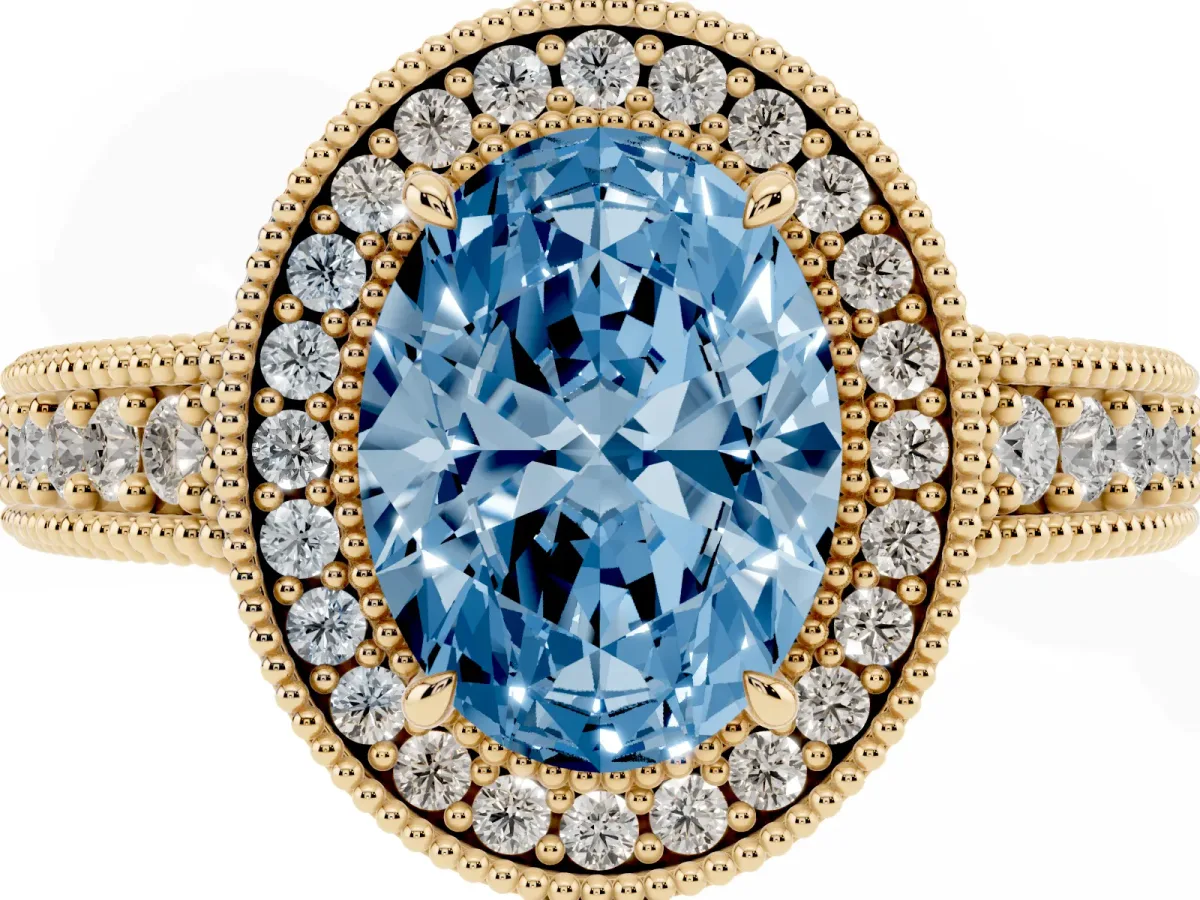 Fancy Blue Oval Cut Cut Halo Diamond Ring with Pavé Band and Four-Prong Setting Yellow gold