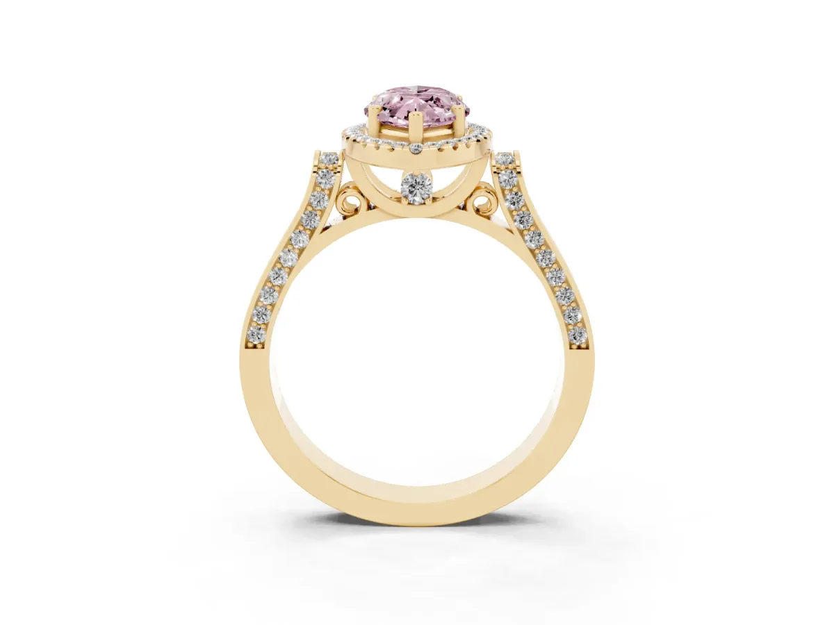 Fancy Pink Marquise Cut Halo Round Diamond Twist Band with Four-Prong Setting Yellow gold