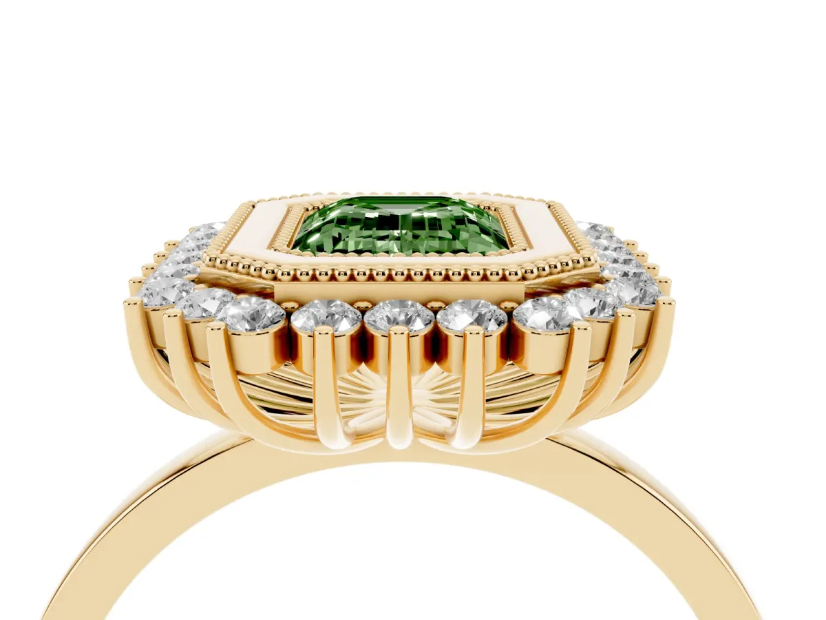 Fancy Green Emerald Cut Halo Diamond Ring with Milgrain Edge and Round Prong Setting Yellow gold