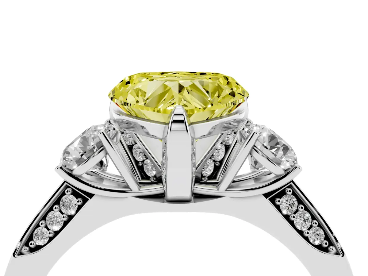 Fancy Yellow Heart Cut Brilliant Three-Stone Diamond Ring with Pavé Band and Four-Prong Setting Silver
