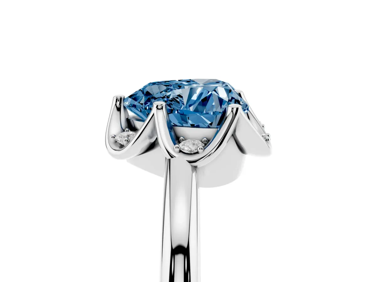 Fancy Blue Heart Cut Halo Diamond Ring with Round Cluster Setting, Solitaire Band, and Four-Prong Setting Platinum