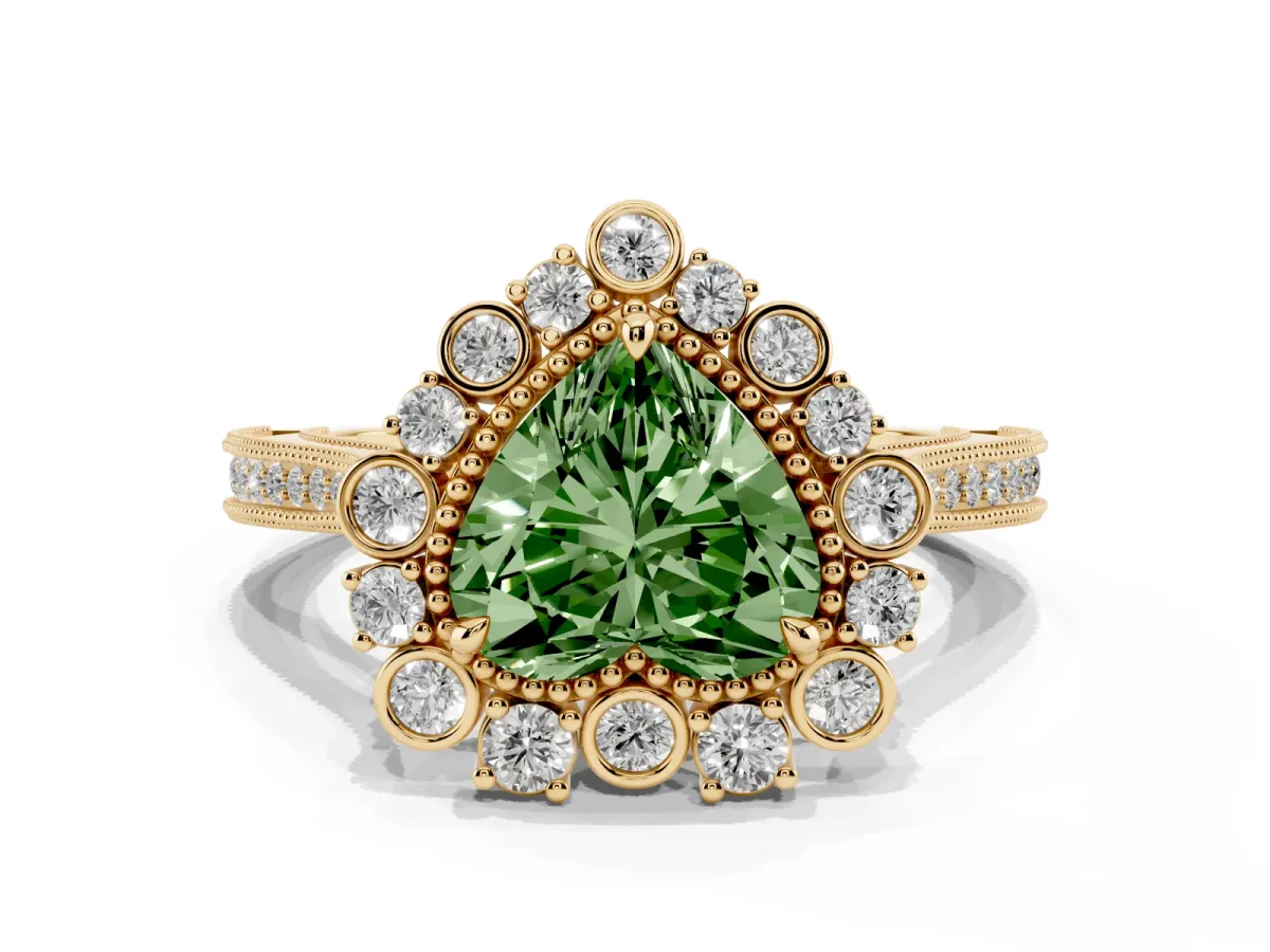 Fancy Green Heart Cut Halo Milgrain Pave Diamond Ring with Four-Prong Setting Yellow gold