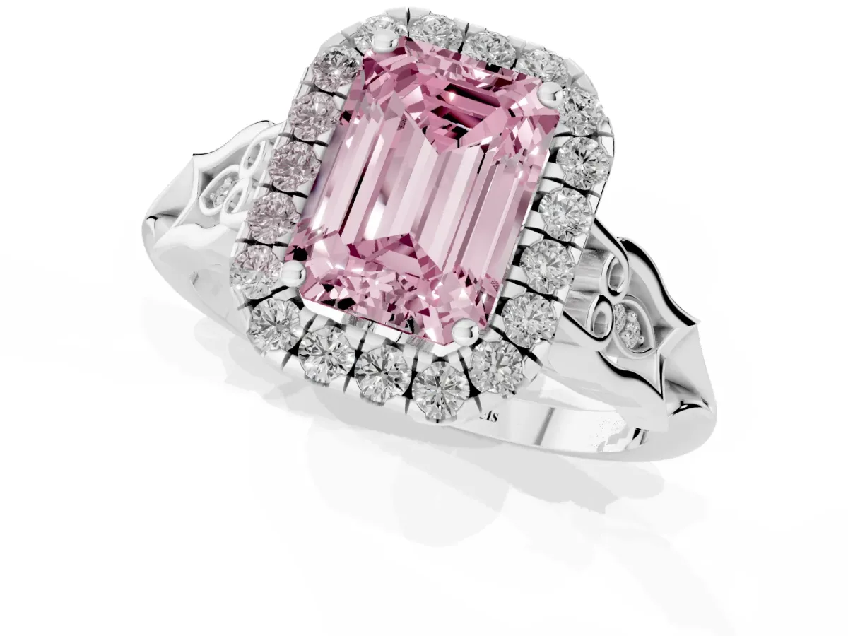 Fancy Pink Emerald Cut Halo Diamond Engagement Ring with Filigree Band and Four-Prong Setting Platinum