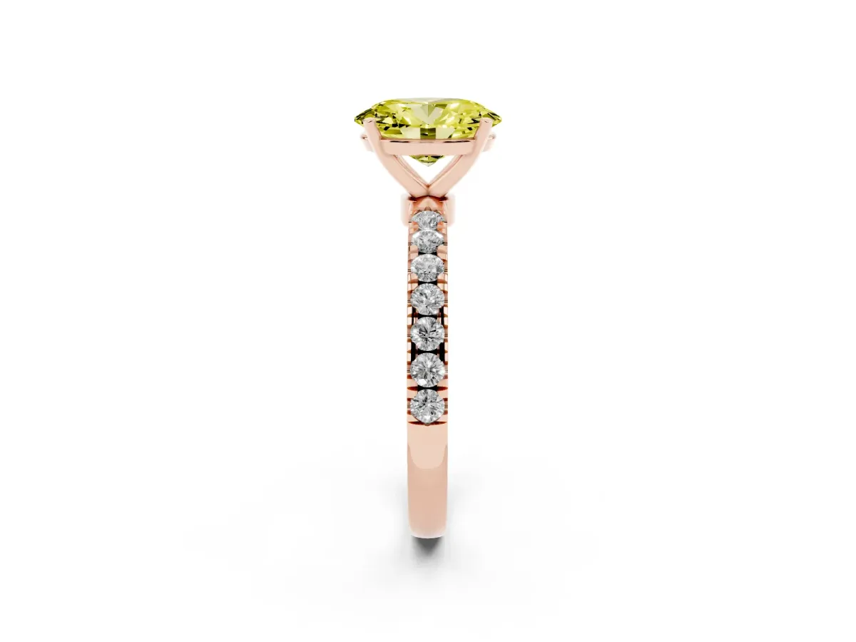 Fancy Yellow Oval Cut Diamond Solitaire Ring with Pavé Accents and Four-Prong Setting Rose gold