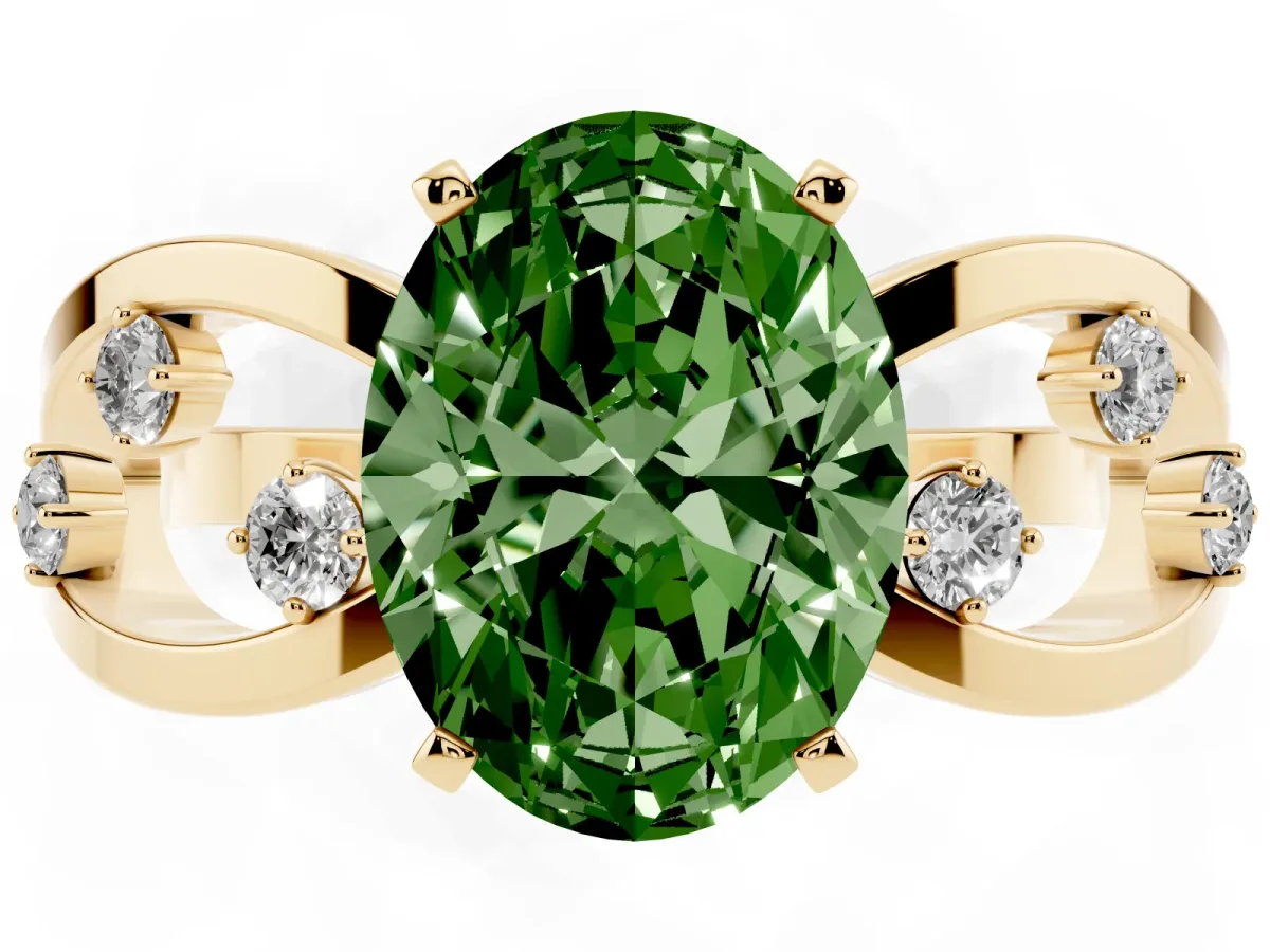 Fancy Green Oval Cut Cut Solitaire Diamond with Side Stones on Criss-Cross Band and Four-Prong Setting Yellow gold