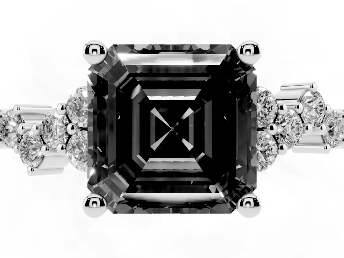 Fancy Black Asscher Cut Diamond Scattered Round Accent Ring with Prong Setting Silver