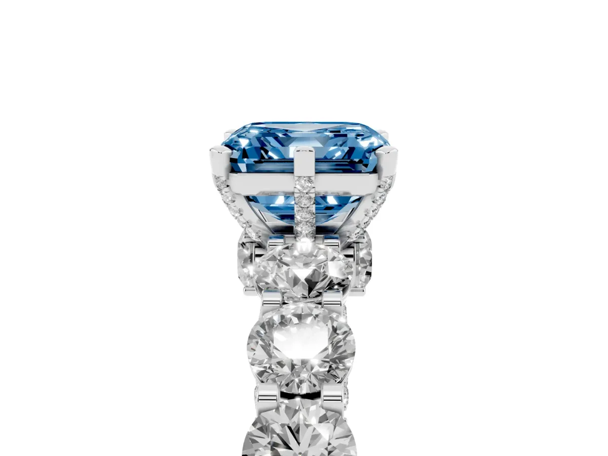 Fancy Blue Asscher Cut Diamond Side Stone Engagement Ring with Four-Prong Setting White gold