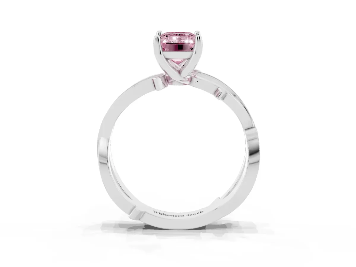 Fancy Pink Emerald Cut Solitaire Twist Band with Pavé Accents and Four-Prong Setting Silver