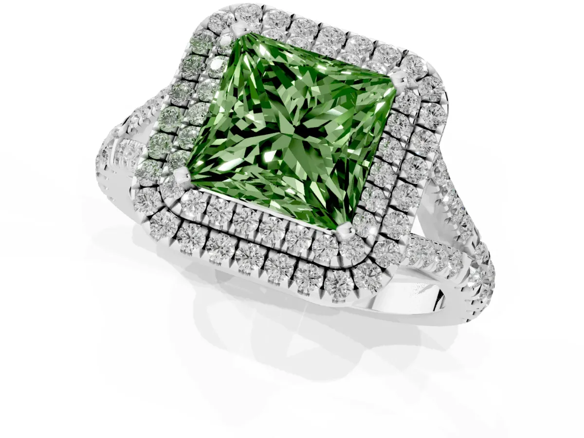 Fancy Green Princess Cut Cut Double Halo Split Shank Diamond Ring with Prong Setting Platinum