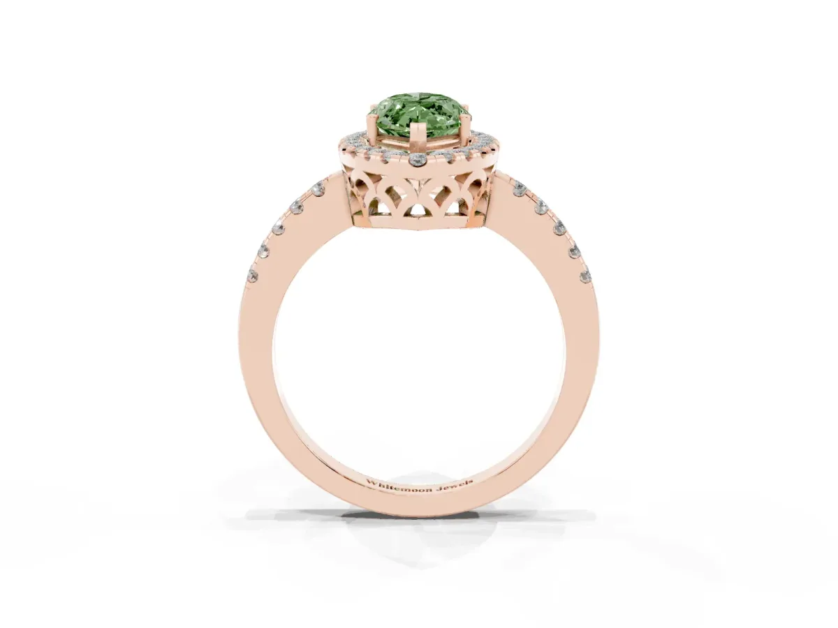Fancy Green Marquise Cut Halo Diamond Engagement Ring with Pavé Band and Four-Prong Setting Rose gold