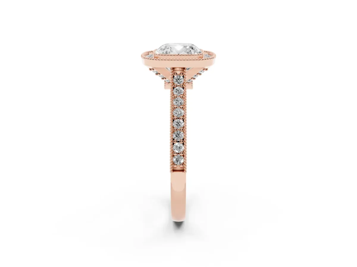 Halo Cushion Cut-Cut Diamond Pave Band Milgrain Prong Setting Ring Rose gold