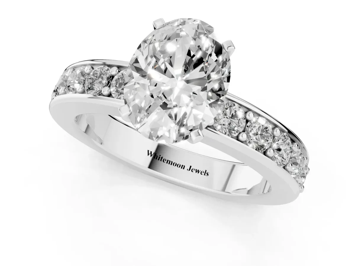 Oval Cut Diamond Engagement Ring with Channel Set Round Band and Prong Setting Platinum