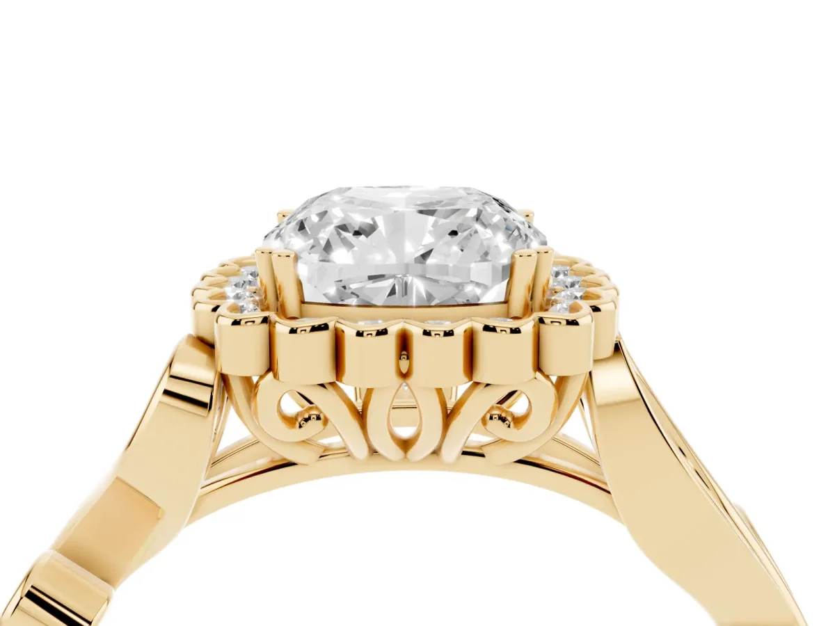 Cushion Cut Diamond Halo Ring with Vintage Split Shank and Four-Prong Setting Yellow gold