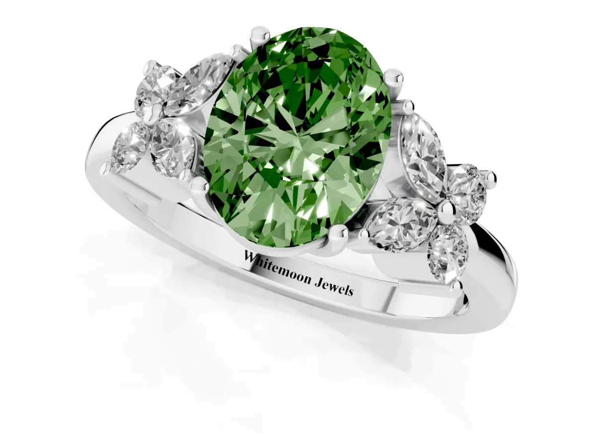 Fancy Green Oval Cut Diamond Floral Cluster Ring with Solitaire Band and Prong Setting White gold