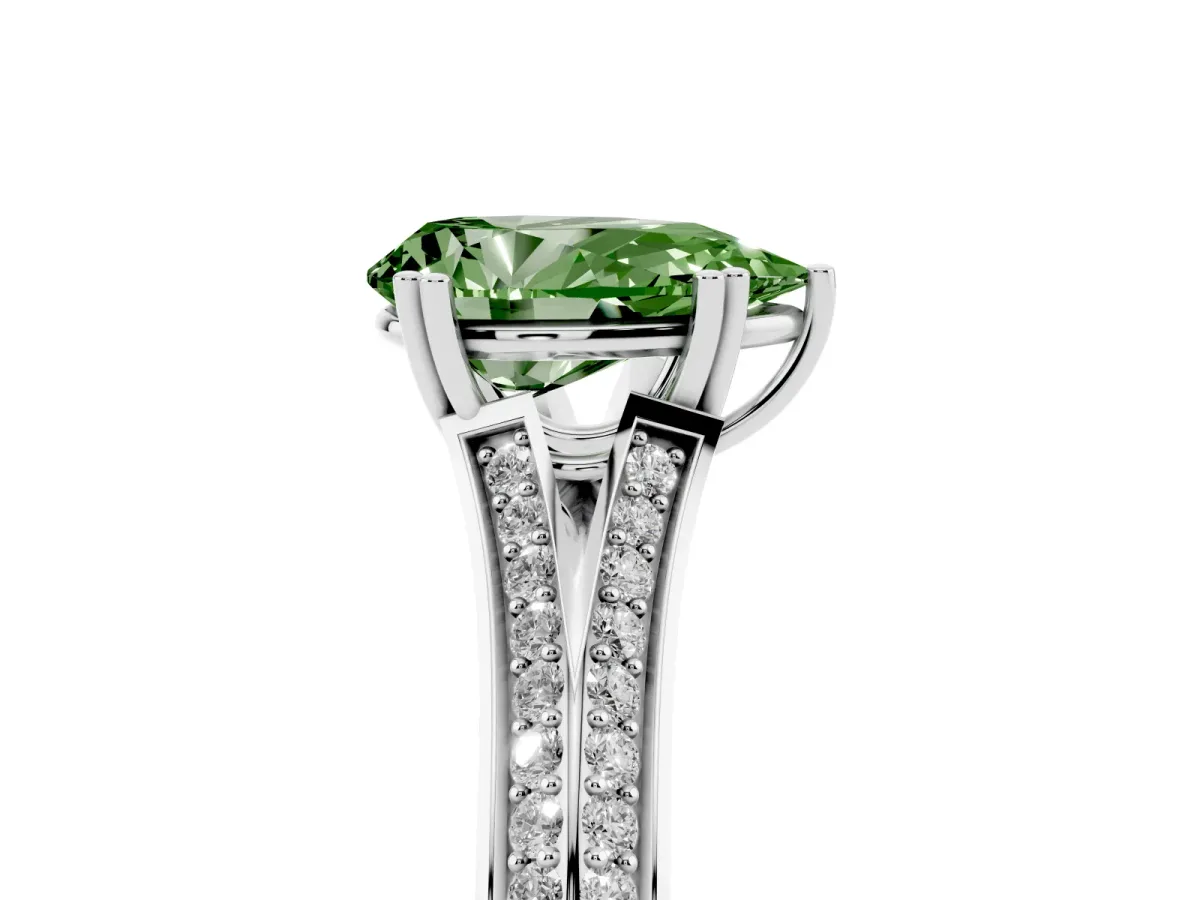Fancy Green Pear Cut Diamond Split Shank Engagement Ring with Pavé Band Silver