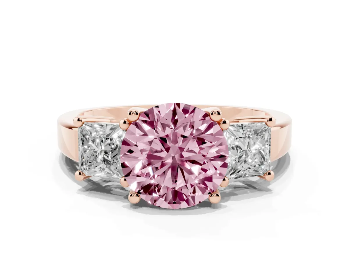 Fancy Pink Three-Stone Round Cut Cut Solitaire Ring with Prong Setting Rose gold