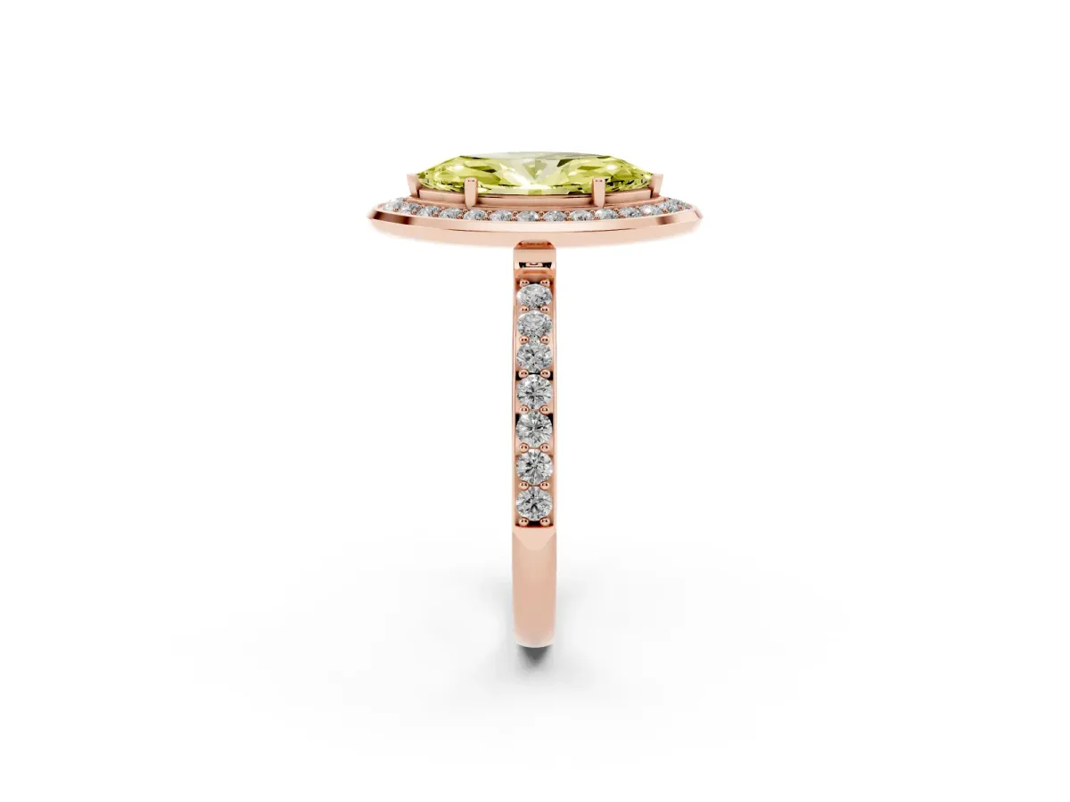 Fancy Yellow Marquise Cut Diamond Halo Ring with Bezel Frame and Pavé Band Rose gold