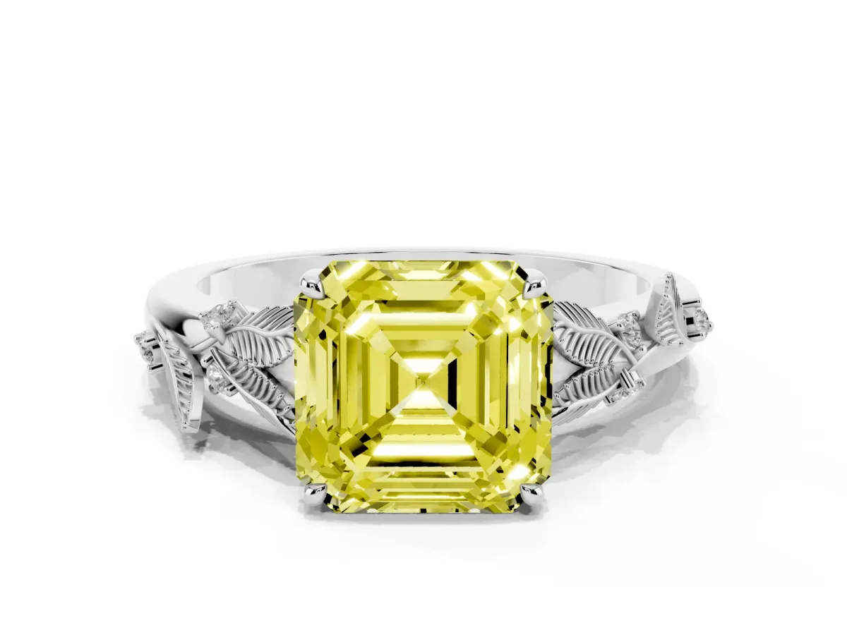 Fancy Yellow Asscher Cut Diamond Solitaire Ring with Leaf Motif Band and Four-Prong Setting Silver