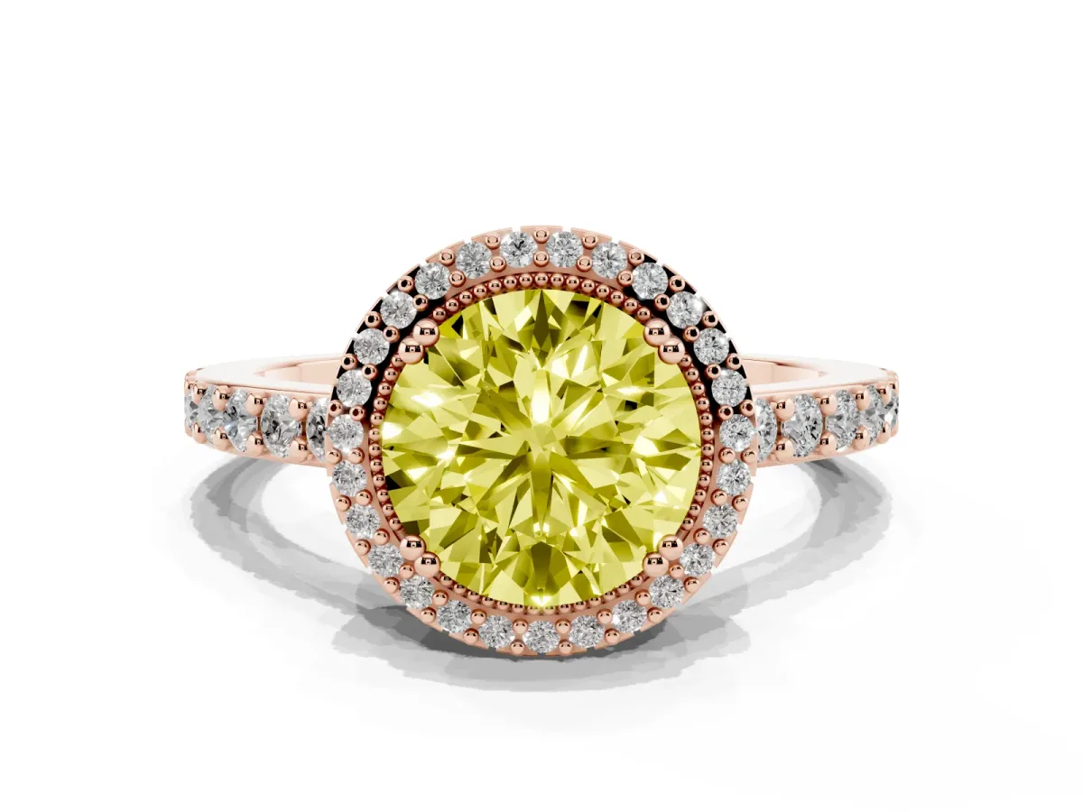 Fancy Yellow Round Cut Cut Diamond Halo Engagement Ring with Milgrain Detail and Pavé Band Rose gold