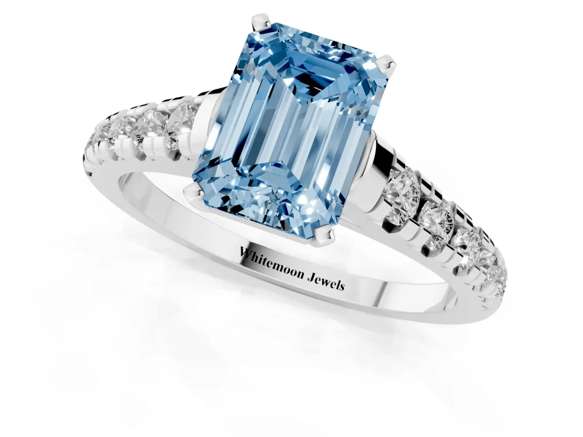 Fancy Blue Emerald Cut Diamond Cathedral Solitaire Ring with Round Pavé Band Silver