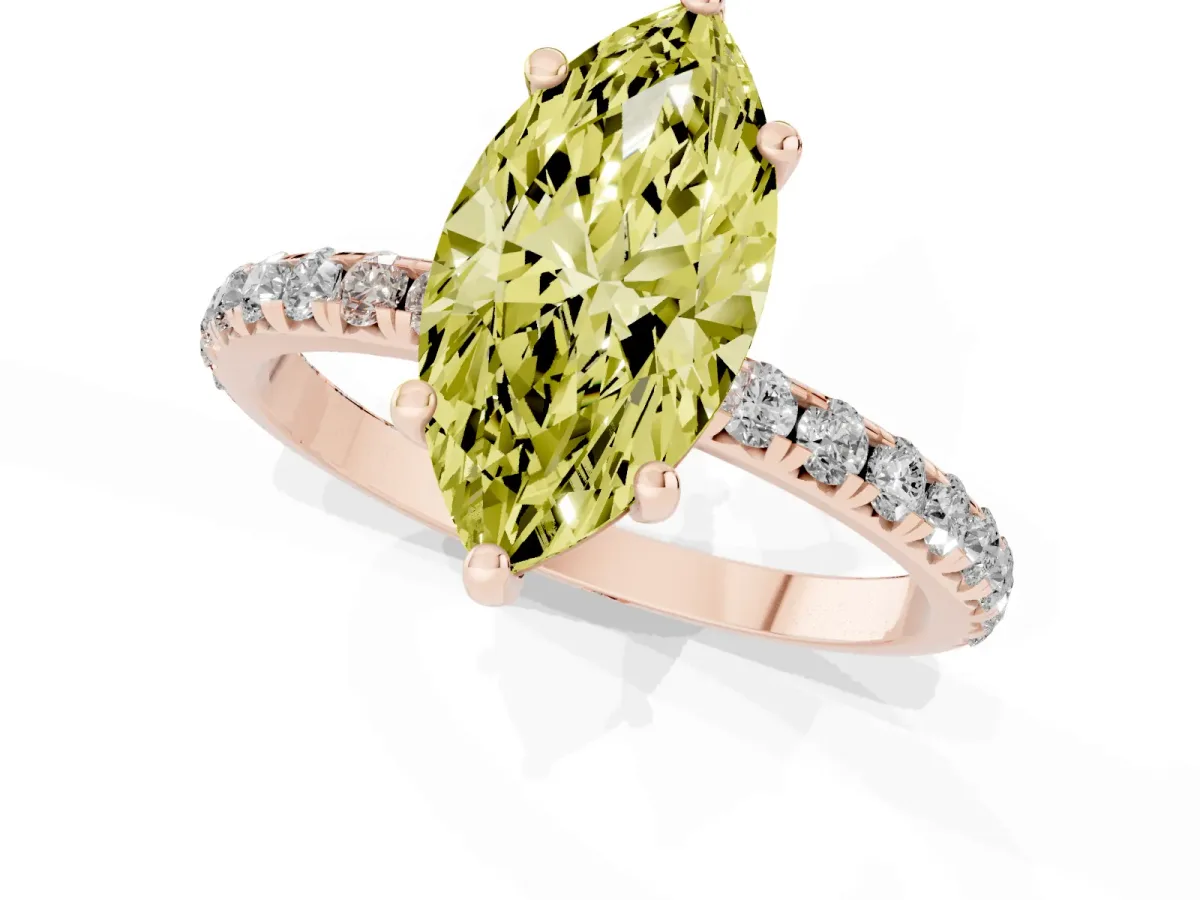 Fancy Yellow Marquise Cut Cut Diamond Solitaire Ring with Micro Pave Band and Four Prong Setting Rose gold