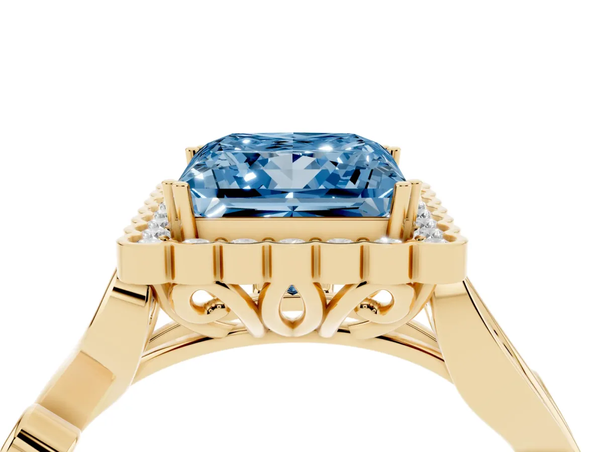 Fancy Blue Princess Cut Diamond Halo Ring with Vintage Split Shank and Four-Prong Setting Yellow gold