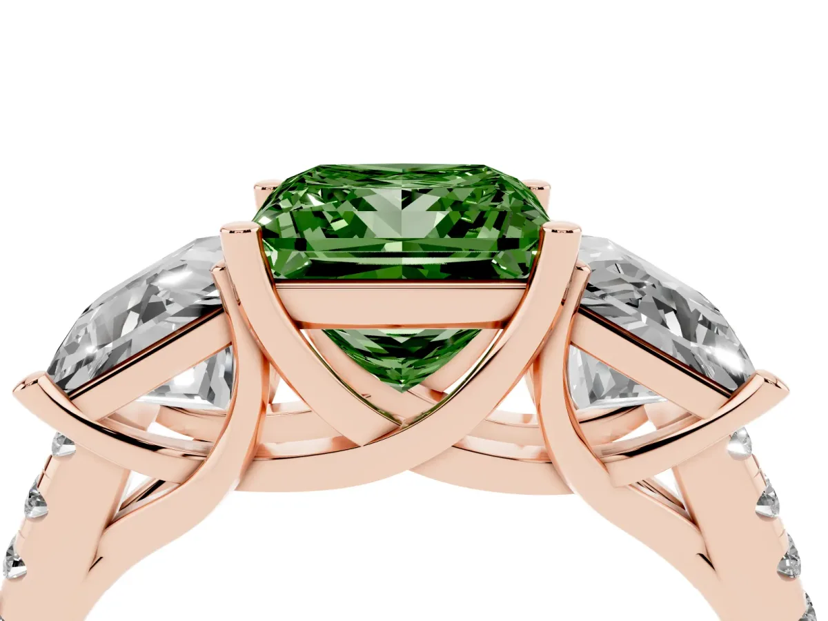 Fancy Green Three-Stone Princess Cut Diamond Ring with Round Pavé Band and Prong Setting Rose gold