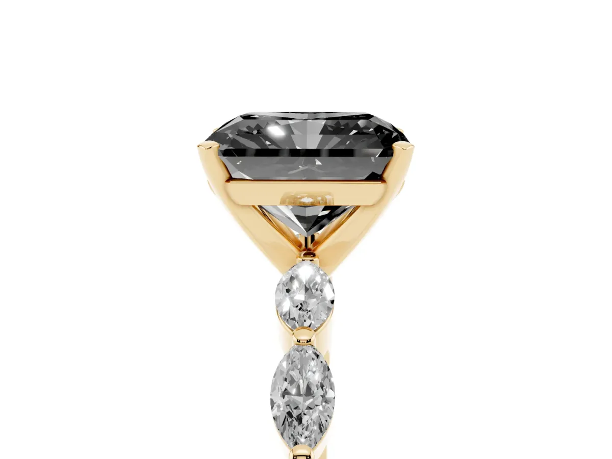 Fancy Black Radiant Cut Diamond Ring with Marquise Side Stones and Prong Setting Yellow gold