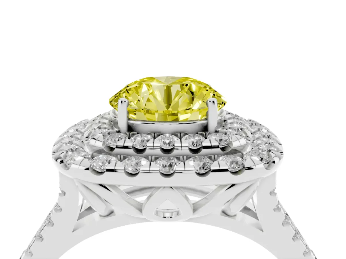 Fancy Yellow Double Halo Round Cut Diamond Pavé Split Shank Ring with Prong Setting Platinum