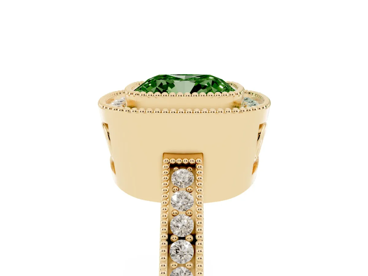 Fancy Green Cushion Cut Cut Halo Diamond Ring with Pavé Band and Milgrain Prong Setting Yellow gold