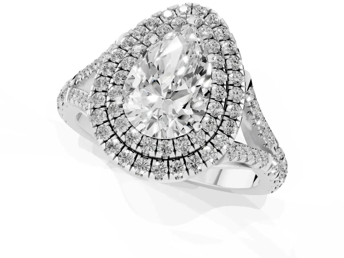 Pear Cut Cut Double Halo Split Shank Diamond Ring with Prong Setting Silver