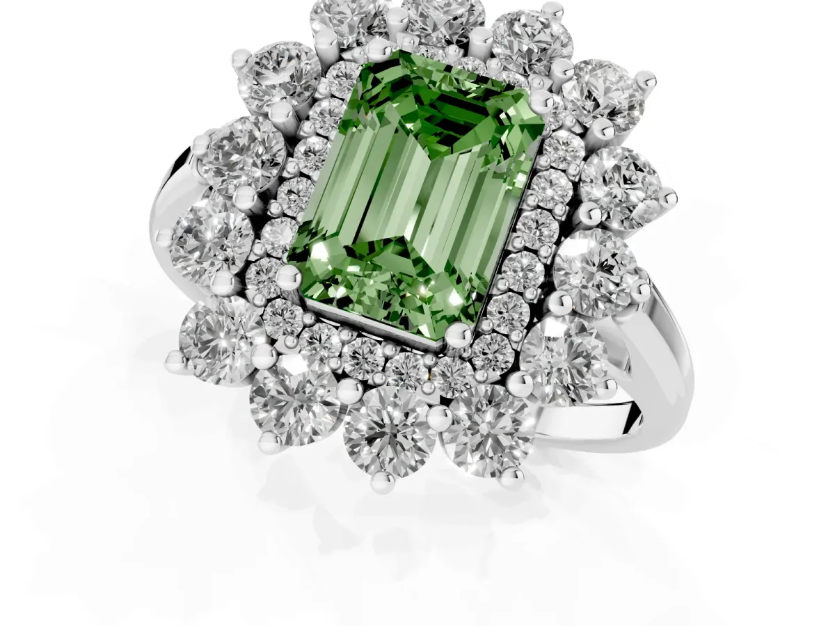 Fancy Green Emerald Cut Diamond Floral Double Halo Engagement Ring with Prong Setting Platinum