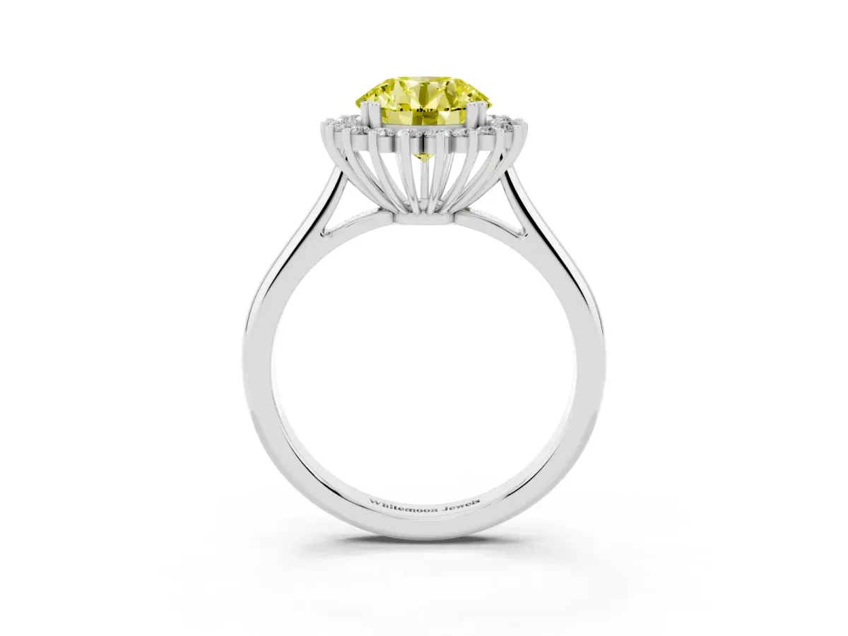 Fancy Yellow Round Cut Cut Diamond Halo Ring with Solitaire Band and Prong Setting Silver
