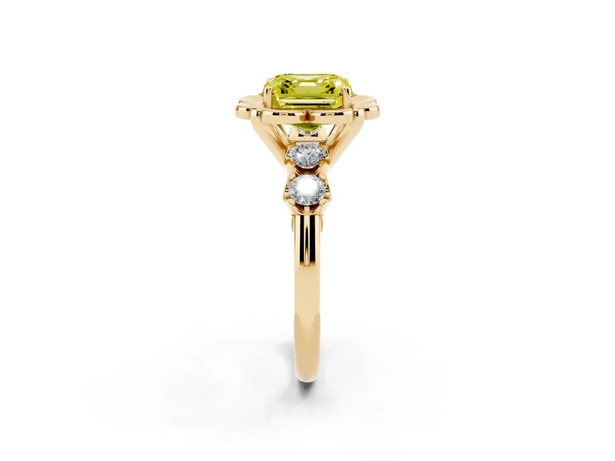 Fancy Yellow Asscher Cut Cut Diamond Floral Halo Engagement Ring with Shared Prong Setting Yellow gold