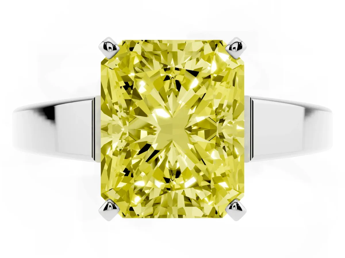 Fancy Yellow Radiant Cut Solitaire Engagement Ring with Four-Prong Setting and Tapered Band Silver