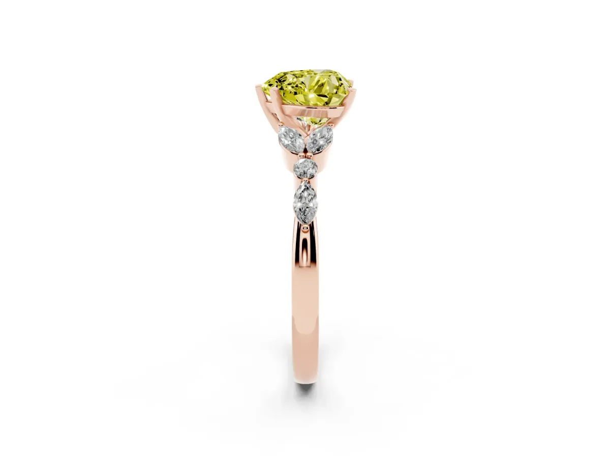 Fancy Yellow Heart Cut Diamond Solitaire Ring with Side Stones and Four-Prong Setting Rose gold