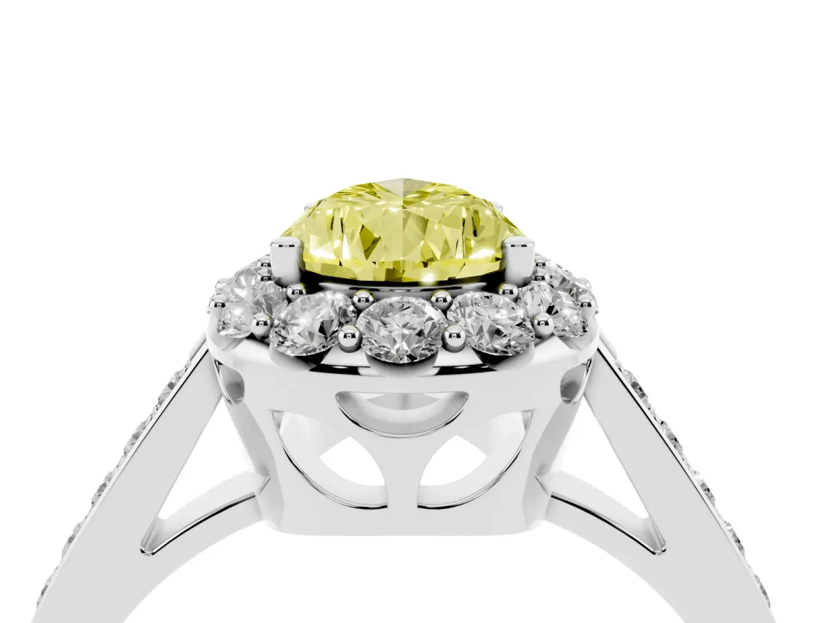 Fancy Yellow Pear Cut Diamond Floral Halo Ring with Pavé Band and Prong Setting Platinum