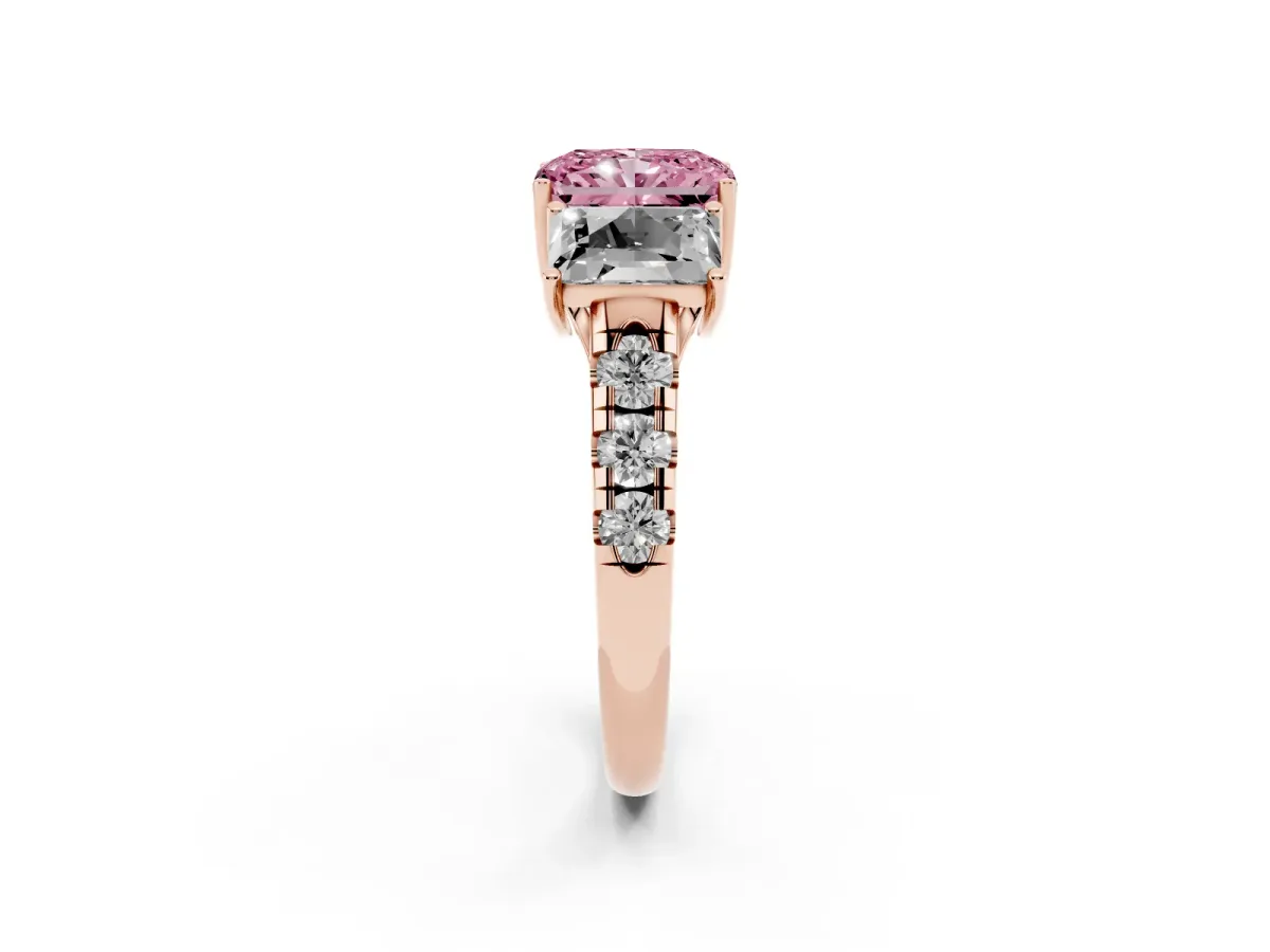 Fancy Pink Three-Stone Radiant Cut Diamond Pavé Band with Prong Setting Rose gold