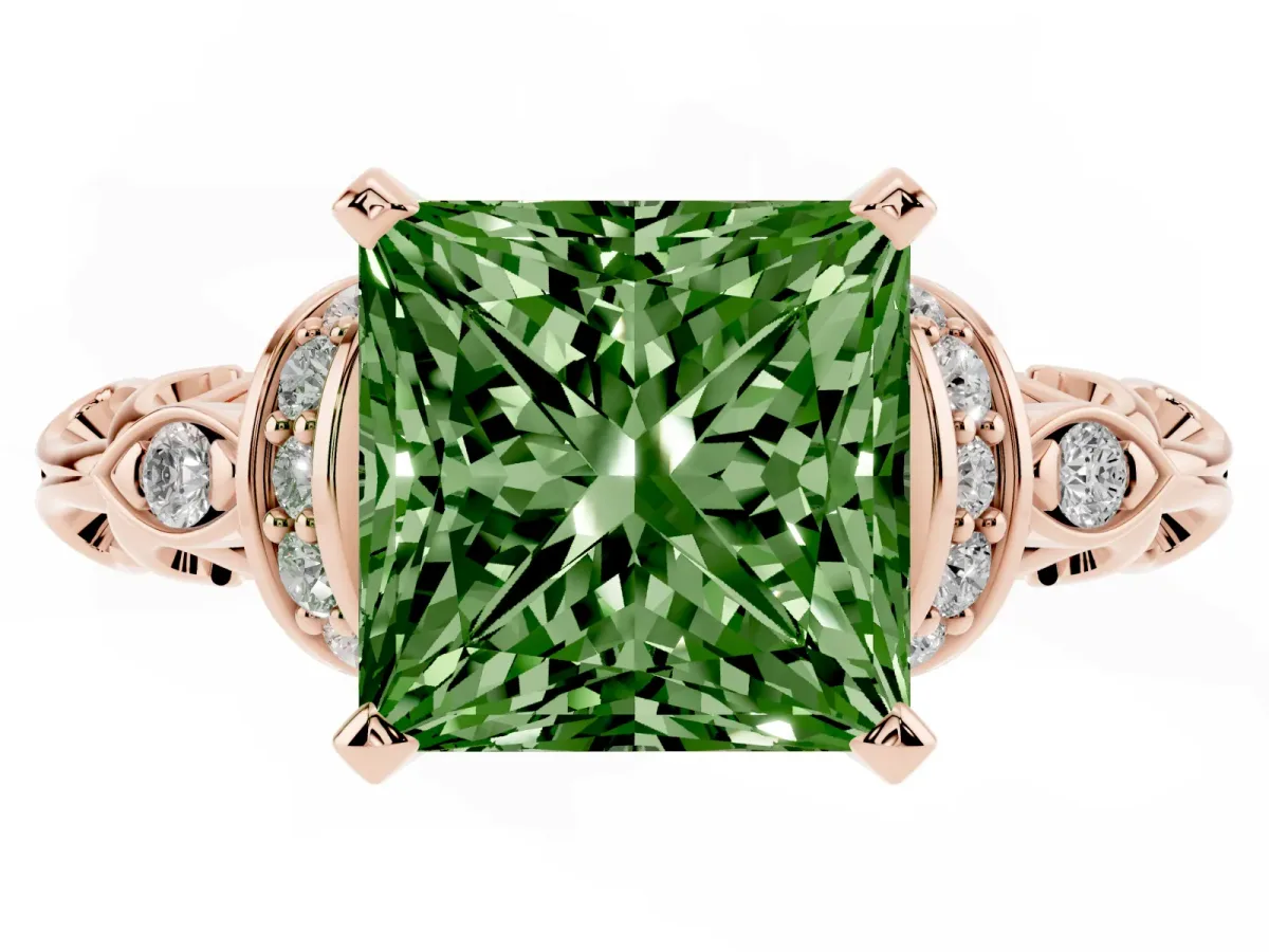 Fancy Green Princess Cut Diamond Solitaire Ring with Filigree Band and Four-Prong Setting Rose gold