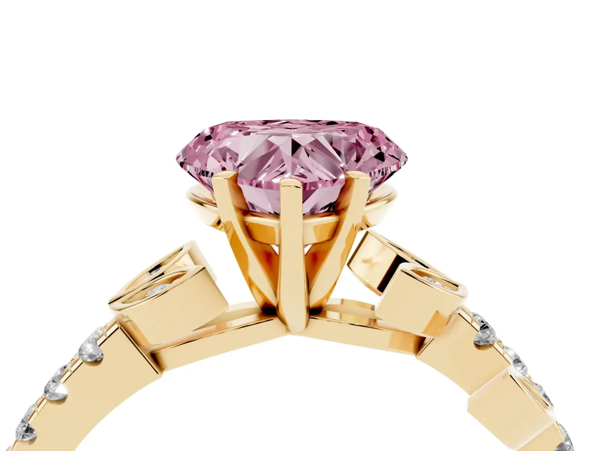 Fancy Pink Heart Cut Solitaire Leaf-Inspired Diamond Ring with Pavé Band and Four-Prong Setting Yellow gold