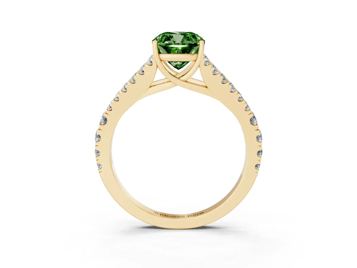 Fancy Green Cushion Cut Diamond Split Shank Engagement Ring with Round Pavé and Prong Setting Yellow gold