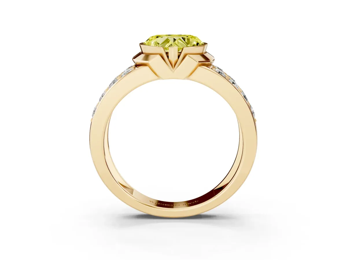 Fancy Yellow Heart Cut Brilliant Diamond Channel Set Wide Band Ring with Bezel Setting Yellow gold