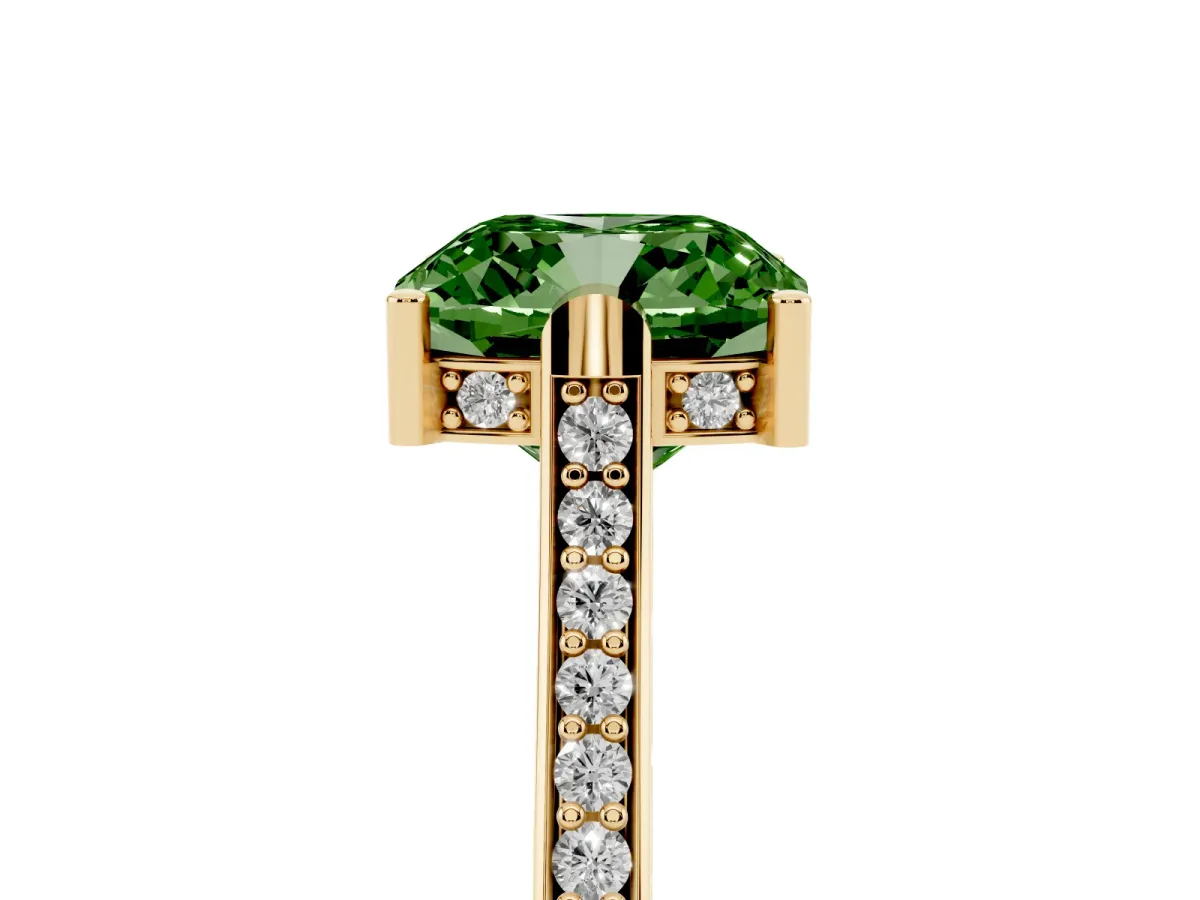 Fancy Green Cushion Cut Solitaire Diamond Ring with Channel Set Band and Bezel Prong Setting Yellow gold