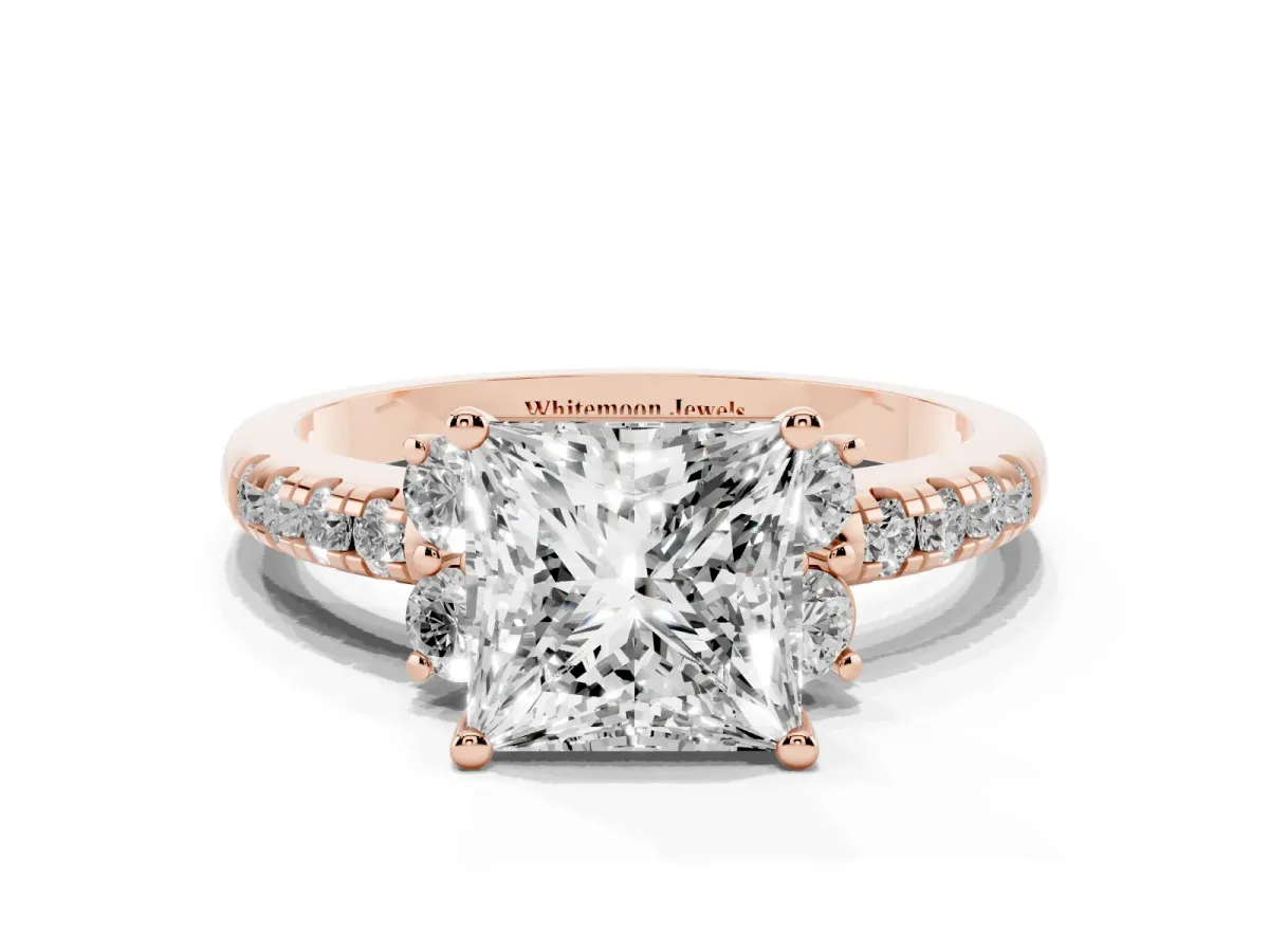 Princess Cut Diamond Three-Stone Pave Band with Four-Prong Setting Rose gold